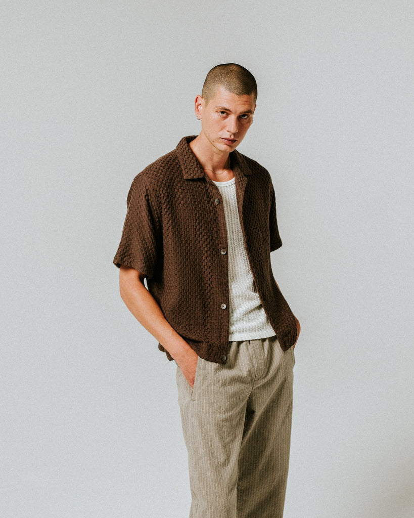 Wax London Lido Brown Dobby Cotton Weave Short-Sleeve Shirt