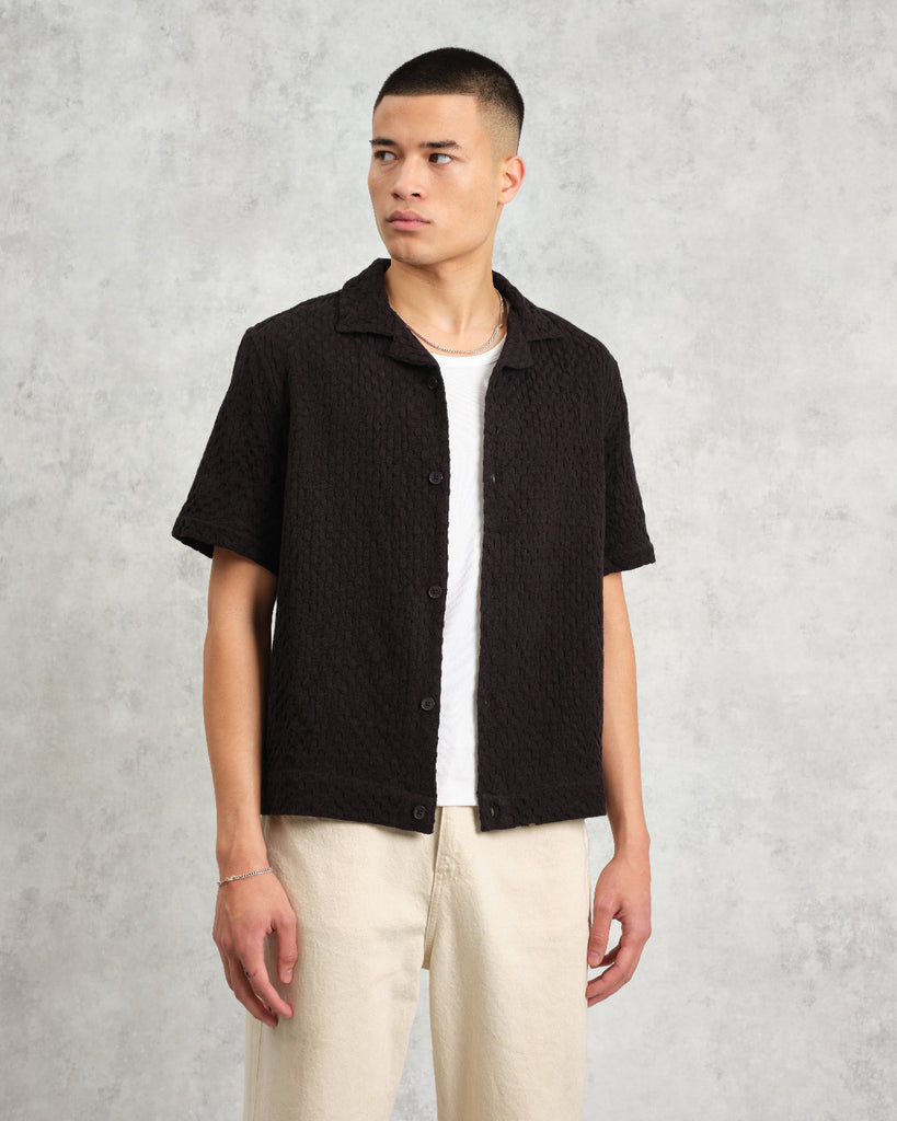 Wax London Lido Black Dobby Cotton Weave Short-Sleeve Shirt